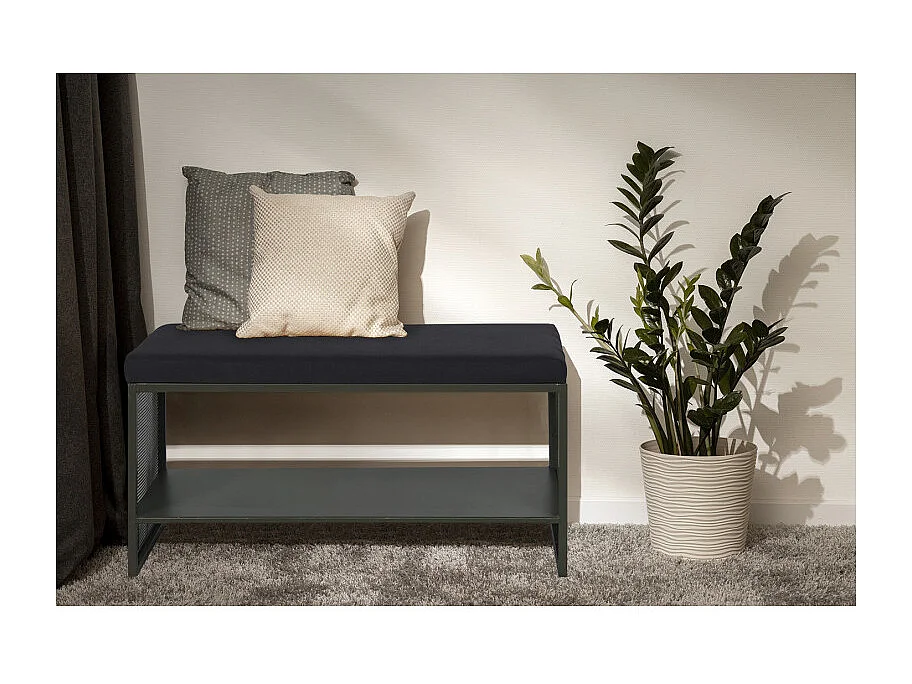 Banc entrée L. 102 cm en métal ajouré vert foncé et tissu - LONE 6986