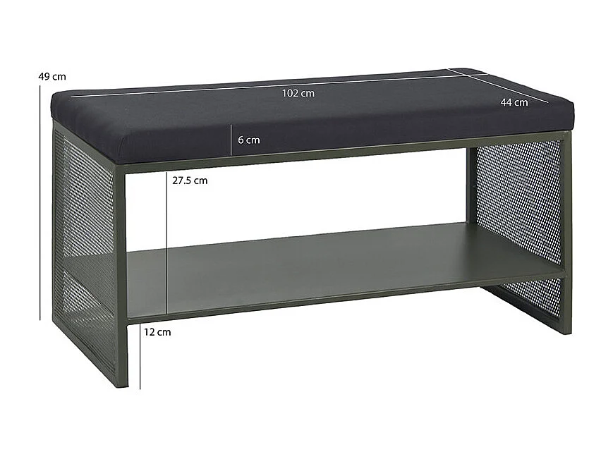 Banc entrée L. 102 cm en métal ajouré vert foncé et tissu - LONE 6986