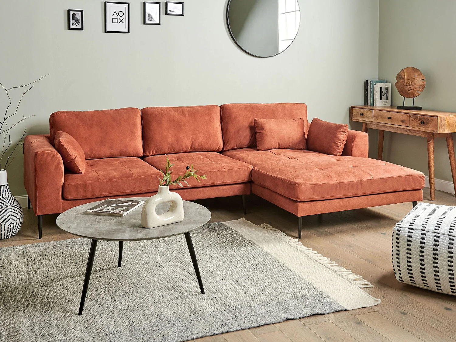 Canapé d'Angle Côté droite 3 Places Rembourré en Velours Orange Flam