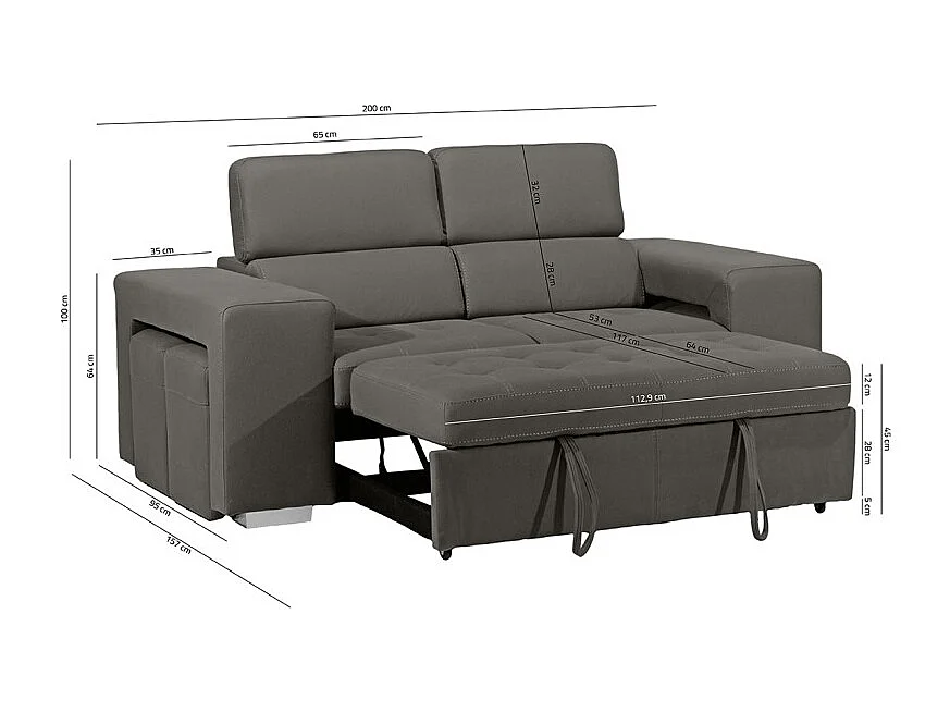 Canapé 3 places convertible tissu gris et têtières réglables - VEGAS