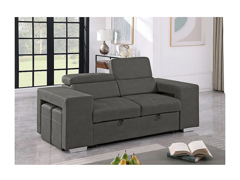 Canapé 3 places convertible tissu gris et têtières réglables - VEGAS