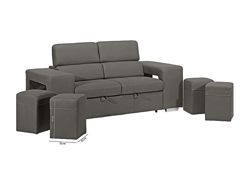 Canapé 3 places convertible tissu gris et têtières réglables - VEGAS