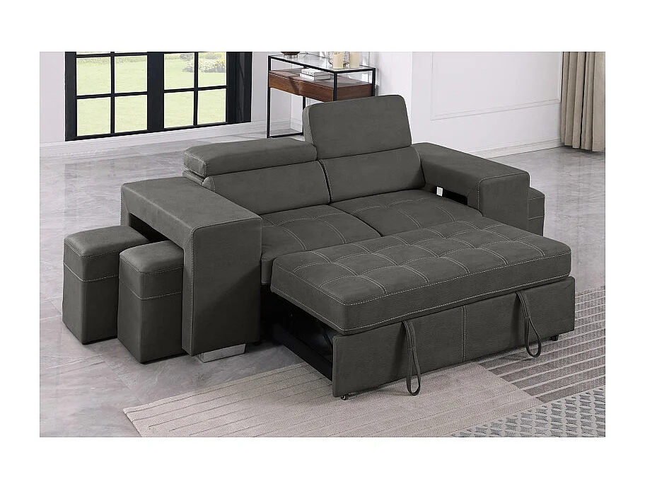 Canapé 3 places convertible tissu gris et têtières réglables - VEGAS