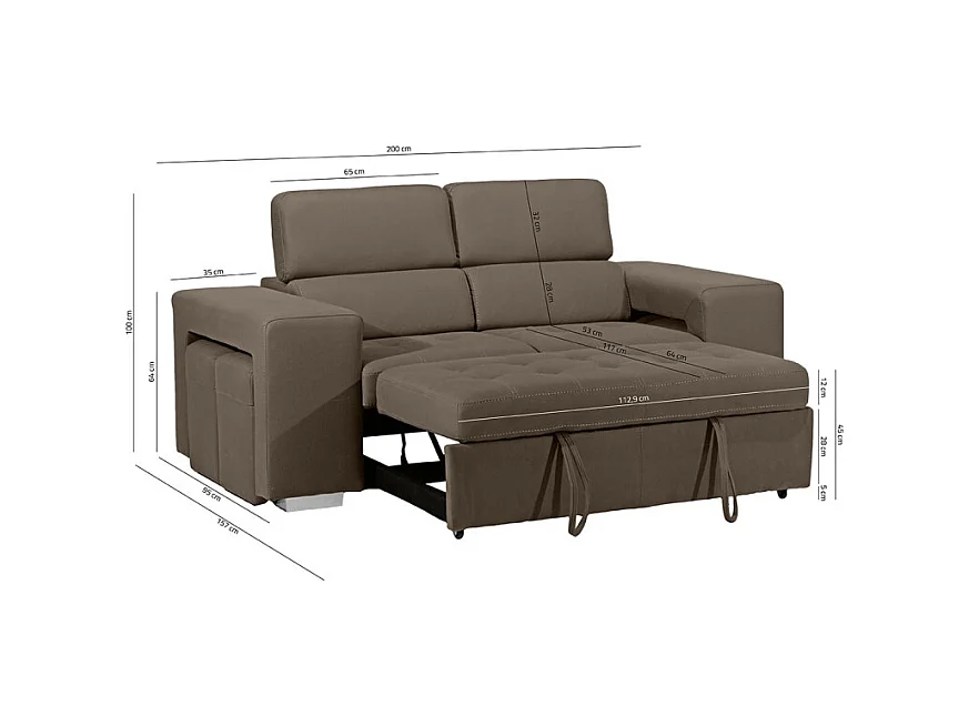 Canapé 3 places convertible tissu taupe et têtières réglables - VEGAS