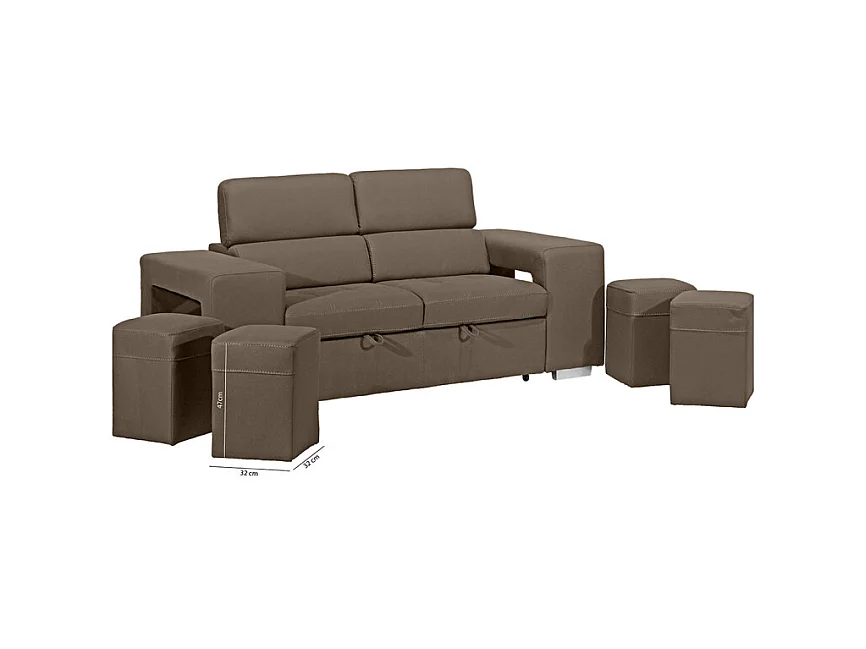 Canapé 3 places convertible tissu taupe et têtières réglables - VEGAS