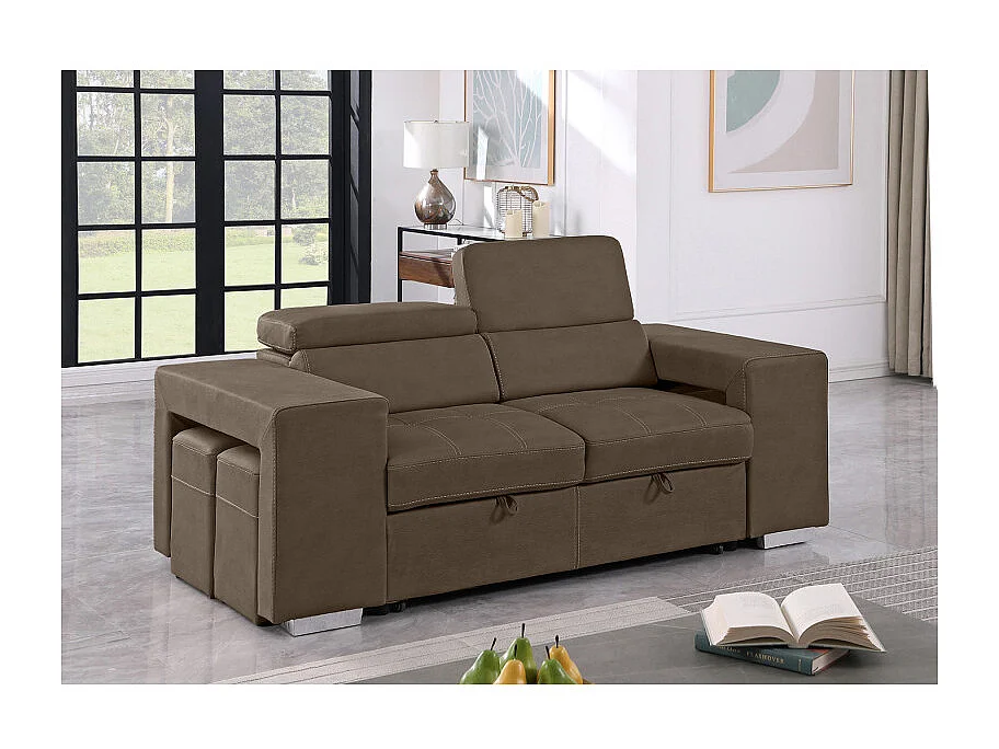 Canapé 3 places convertible tissu taupe et têtières réglables - VEGAS