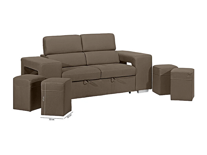 Canapé 3 places convertible tissu taupe et têtières réglables - VEGAS