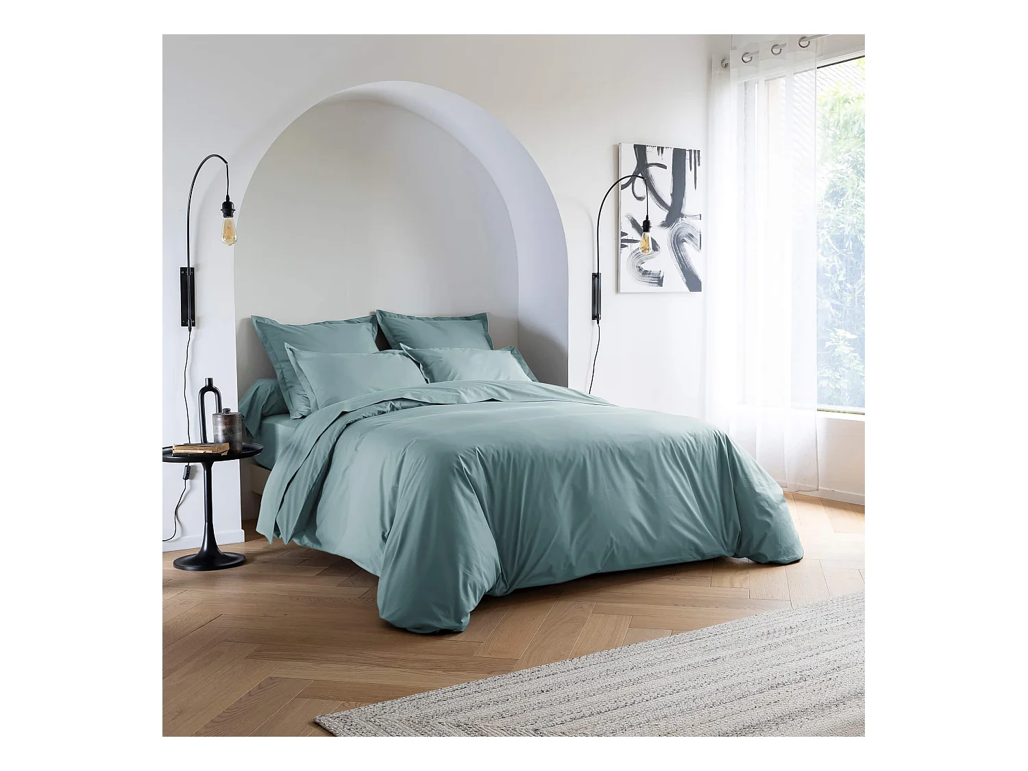 Parure de lit coton percale Bleu 260x240 - SOMEO - MORPHEE