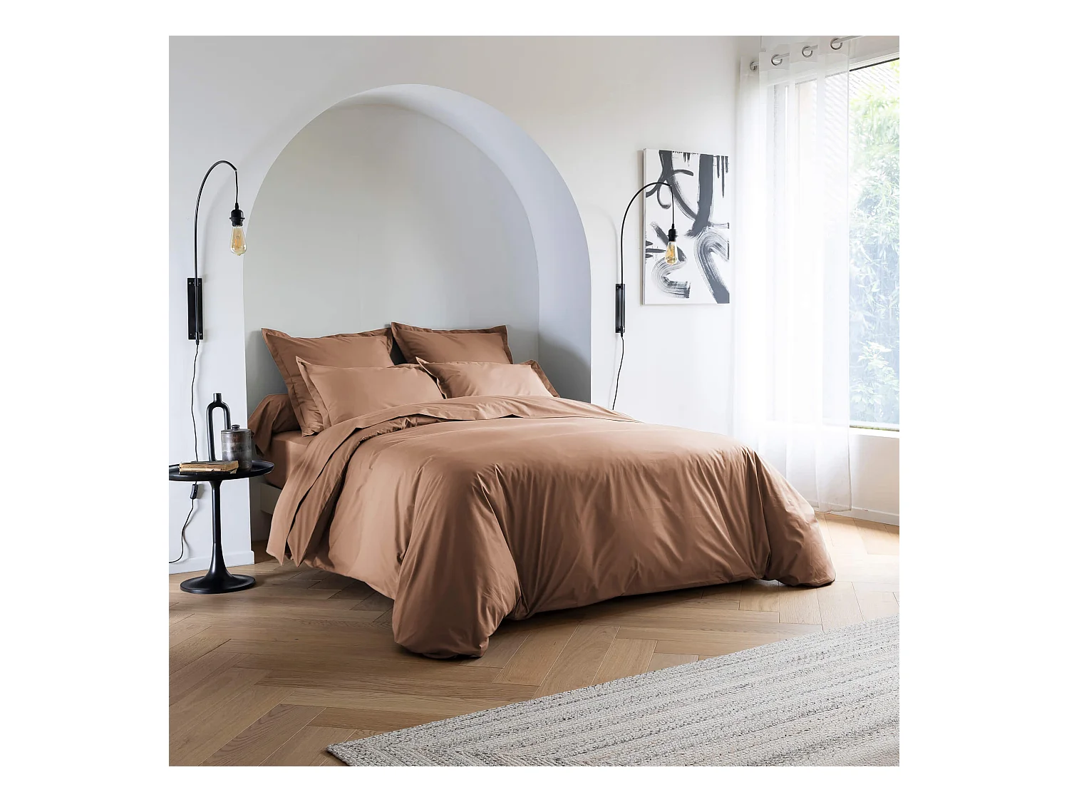 Parure de lit coton percale Marron 200x200 - SOMEO - MORPHEE