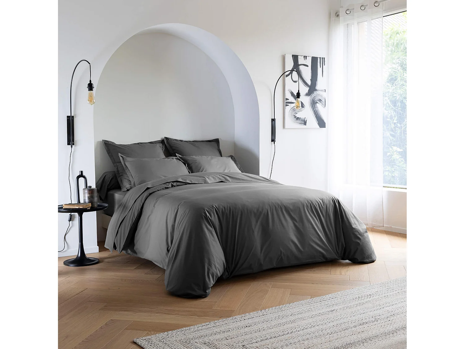 Parure de lit coton percale Anthracite 140x200 - SOMEO  - MORPHEE