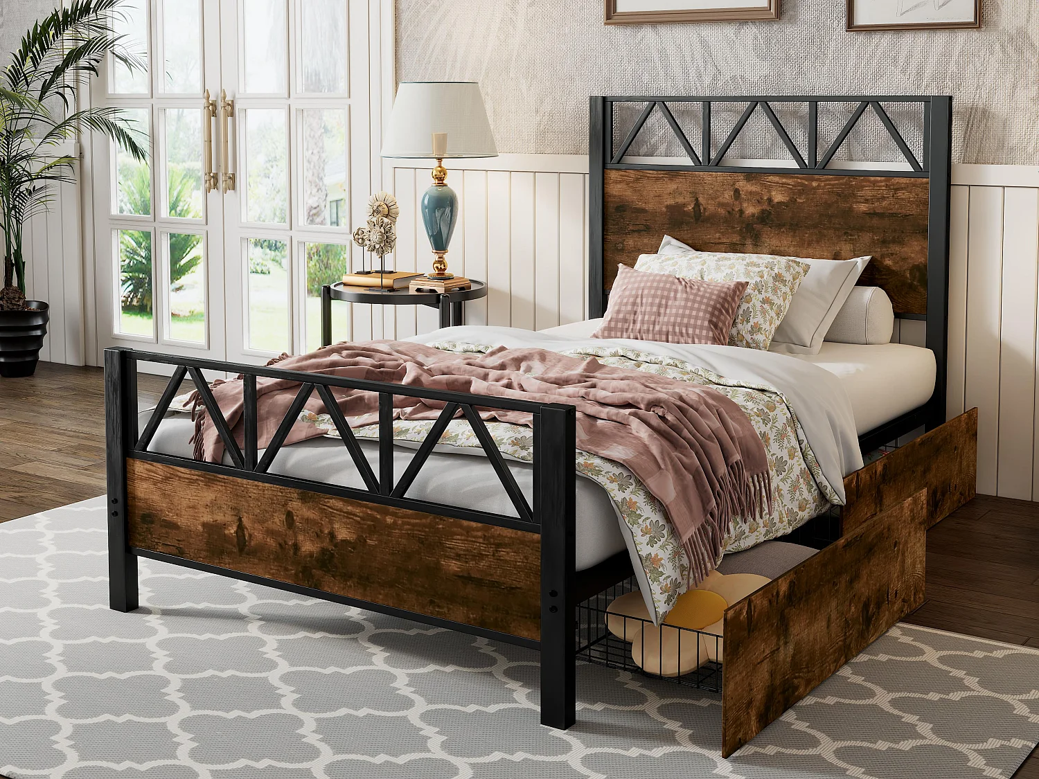 Cama de metal 90x200 cm - 2 cajones con ruedas - Marrón