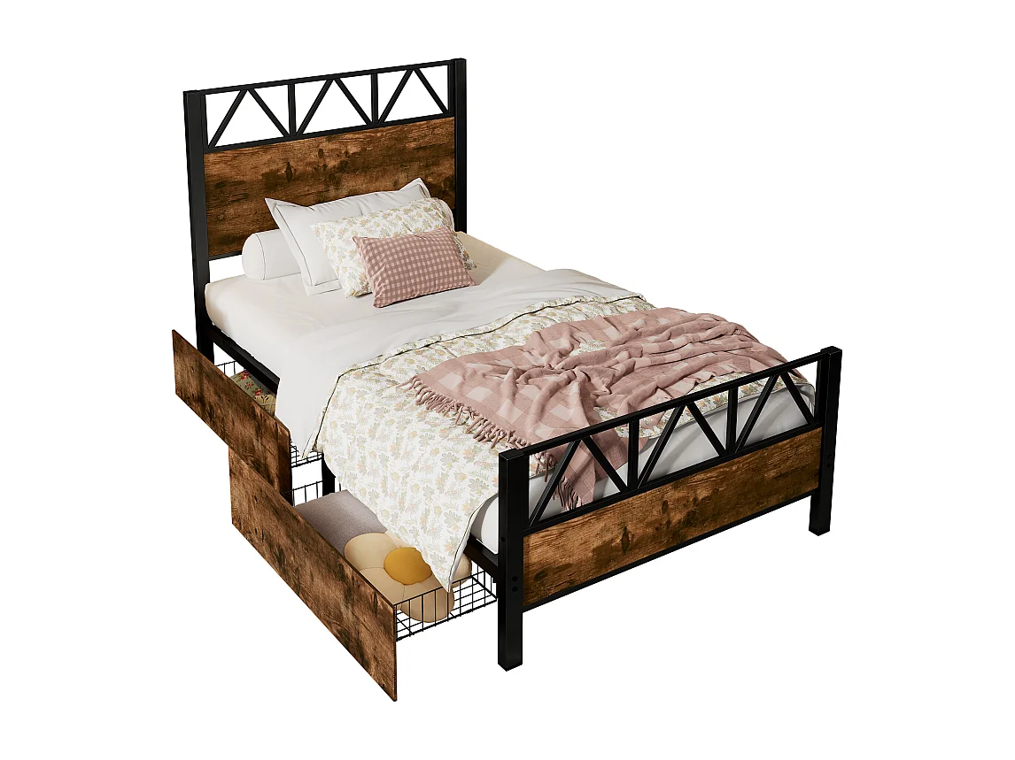 Cama de metal 90x200 cm - 2 cajones con ruedas - Marrón