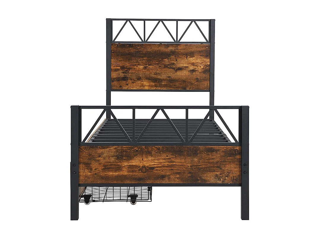 Cama de metal 90x200 cm - 2 cajones con ruedas - Marrón