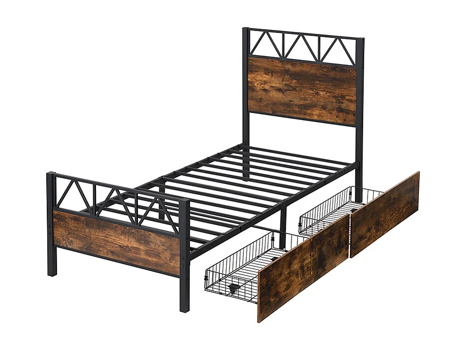 Cama de metal 90x200 cm - 2 cajones con ruedas - Marrón