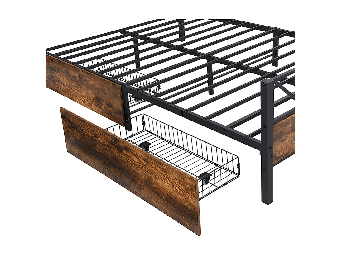 Cama de metal 140x200 cm - 2 cajones con ruedas - Marrón