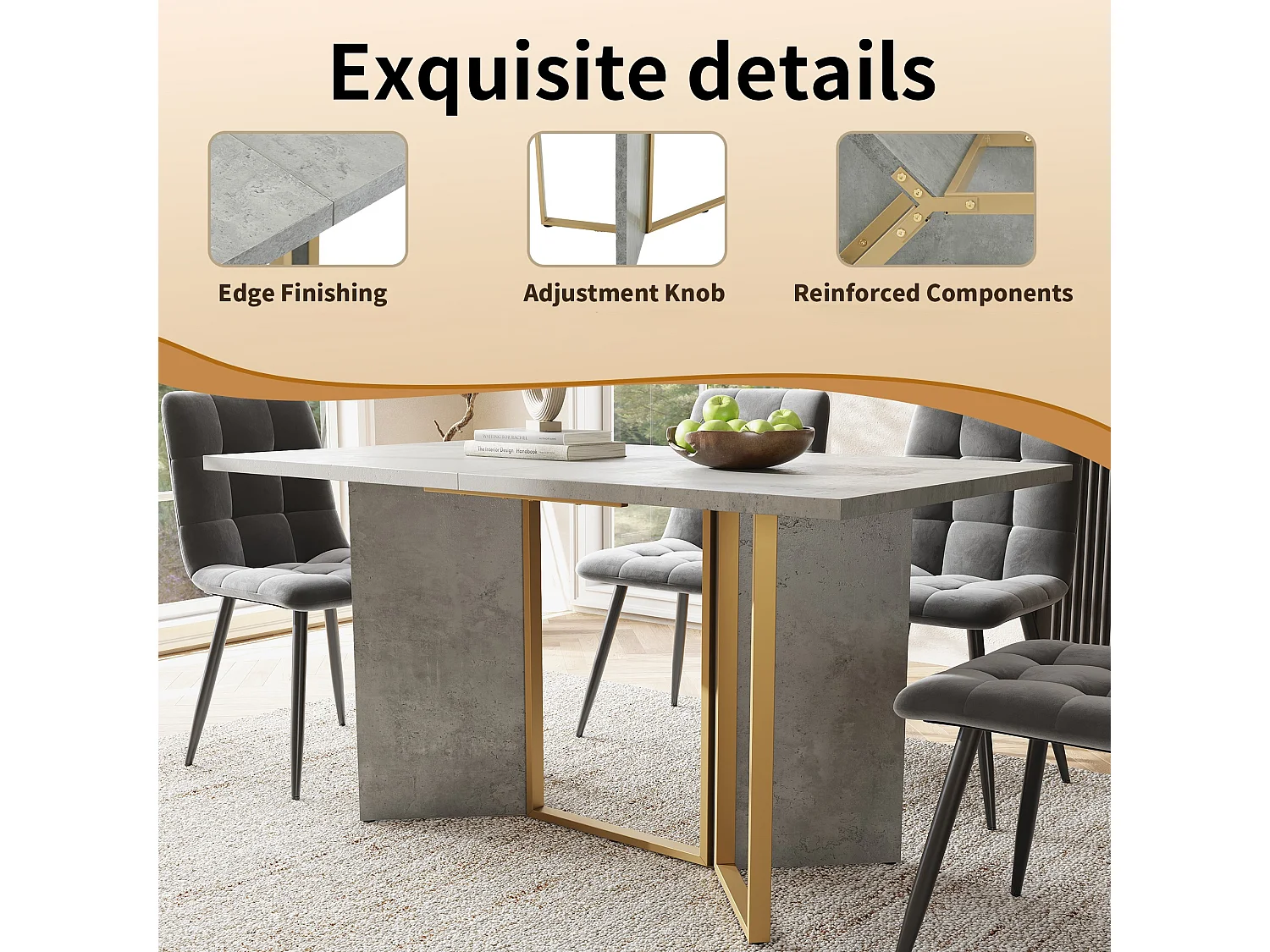 Table à manger - plateau en MDF et pieds en métal - Gris