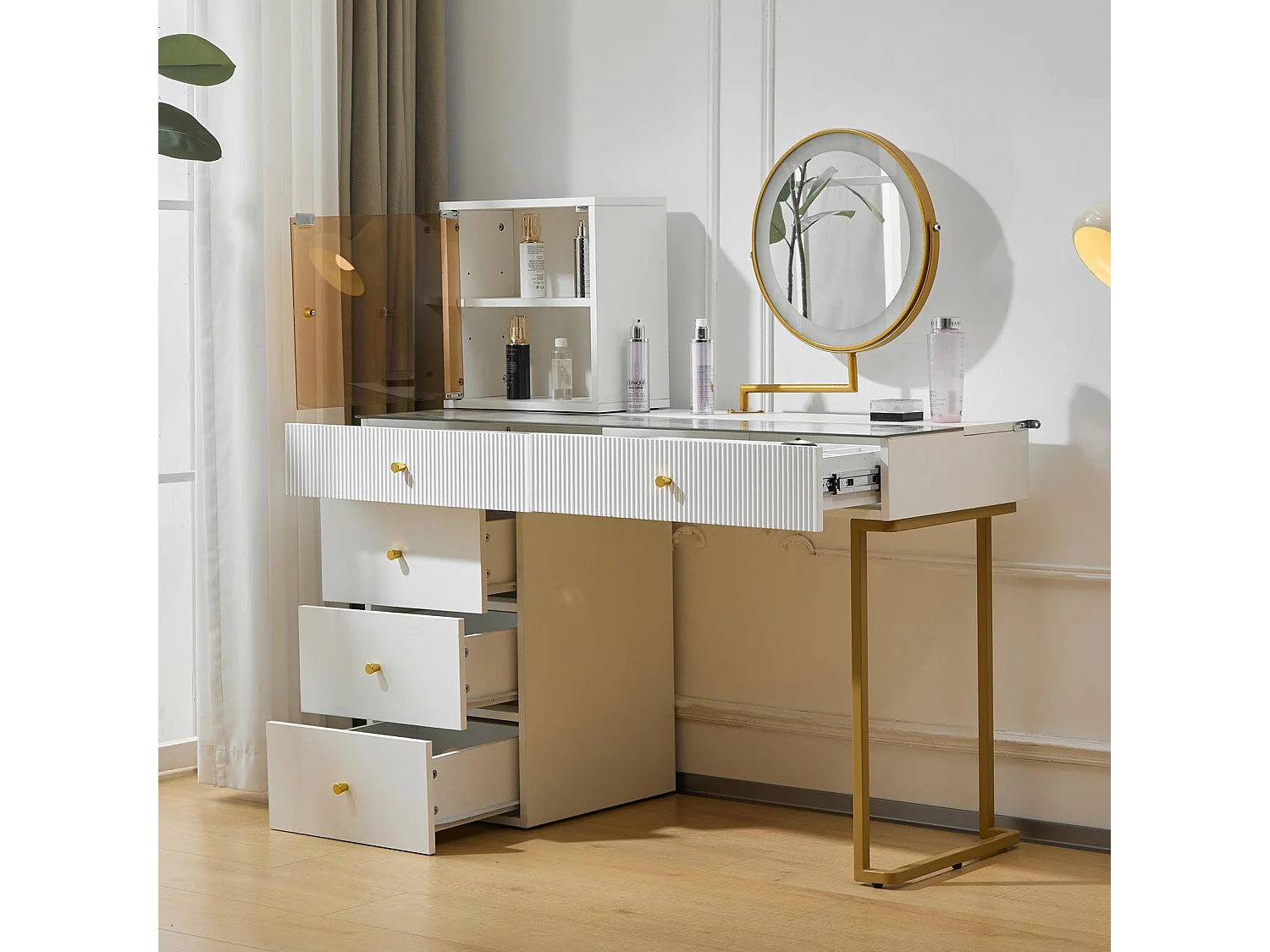 Coiffeuse avec miroir et LED - 5 tiroirs et un présentoir vitré - Blanc (tabouret non inclus)