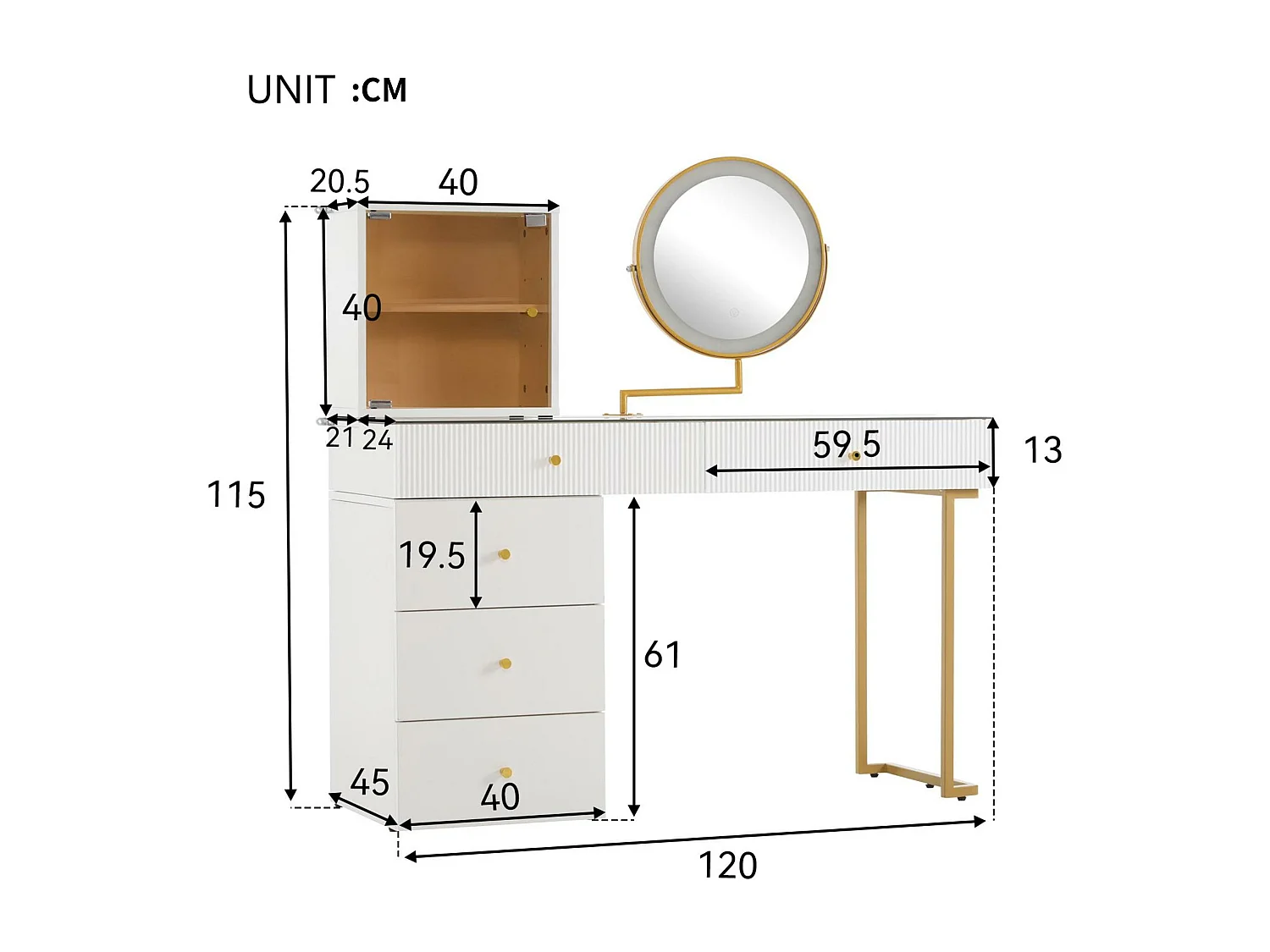Coiffeuse avec miroir et LED - 5 tiroirs et un présentoir vitré - Blanc (tabouret non inclus)