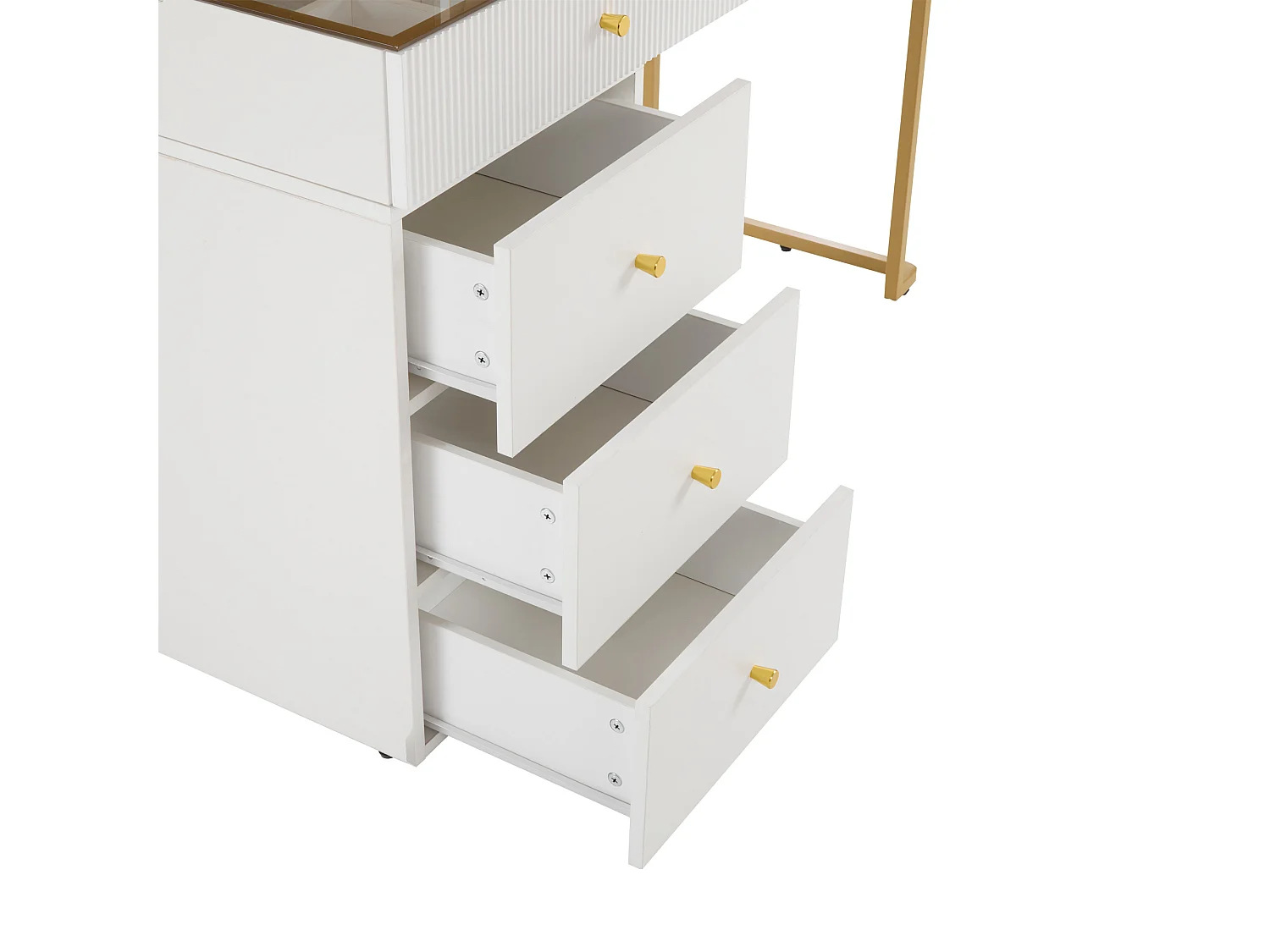 Coiffeuse avec miroir et LED - 5 tiroirs et un présentoir vitré - Blanc (tabouret non inclus)