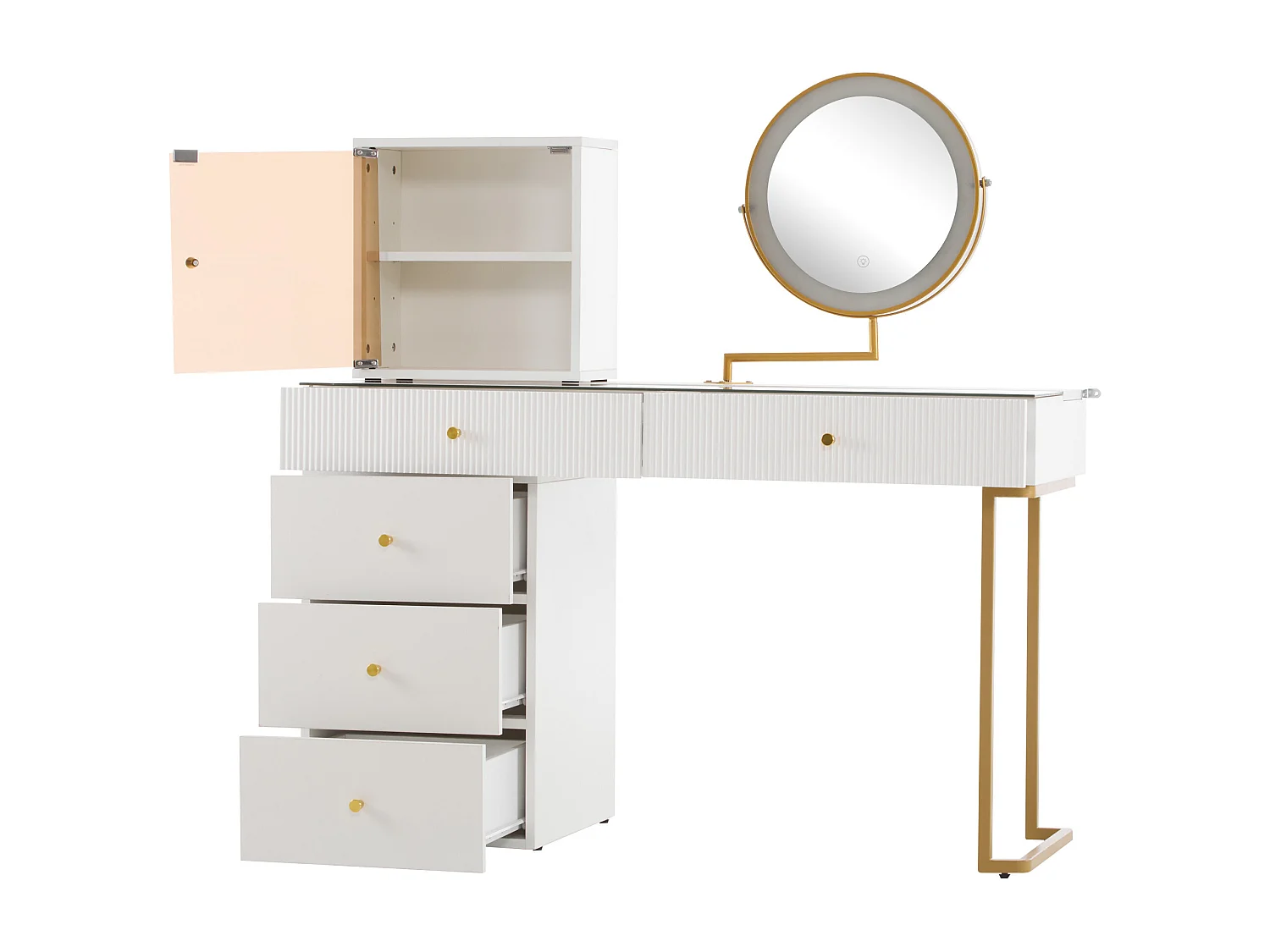 Coiffeuse avec miroir et LED - 5 tiroirs et un présentoir vitré - Blanc (tabouret non inclus)