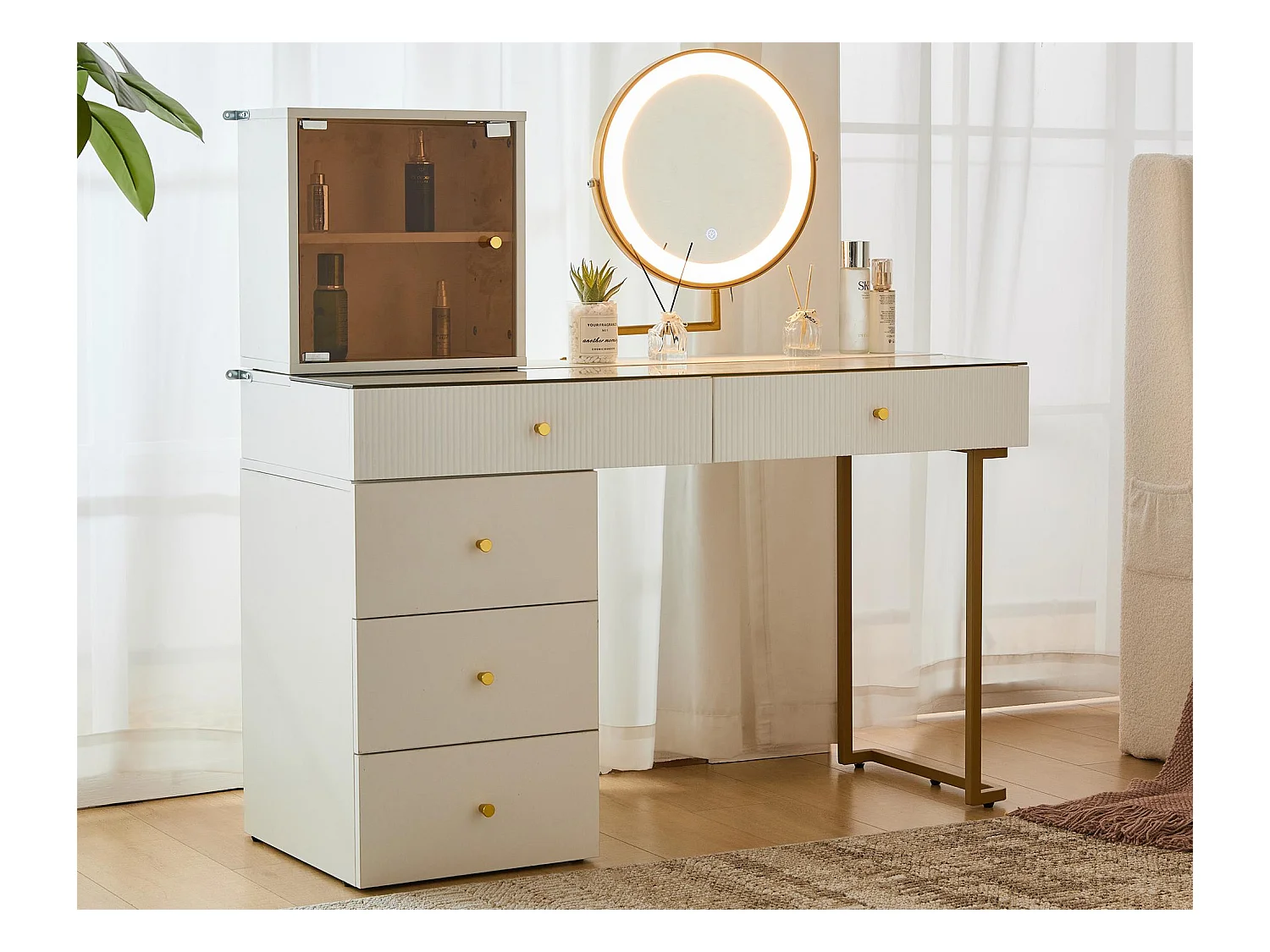 Coiffeuse avec miroir et LED - 5 tiroirs et un présentoir vitré - Blanc (tabouret non inclus)