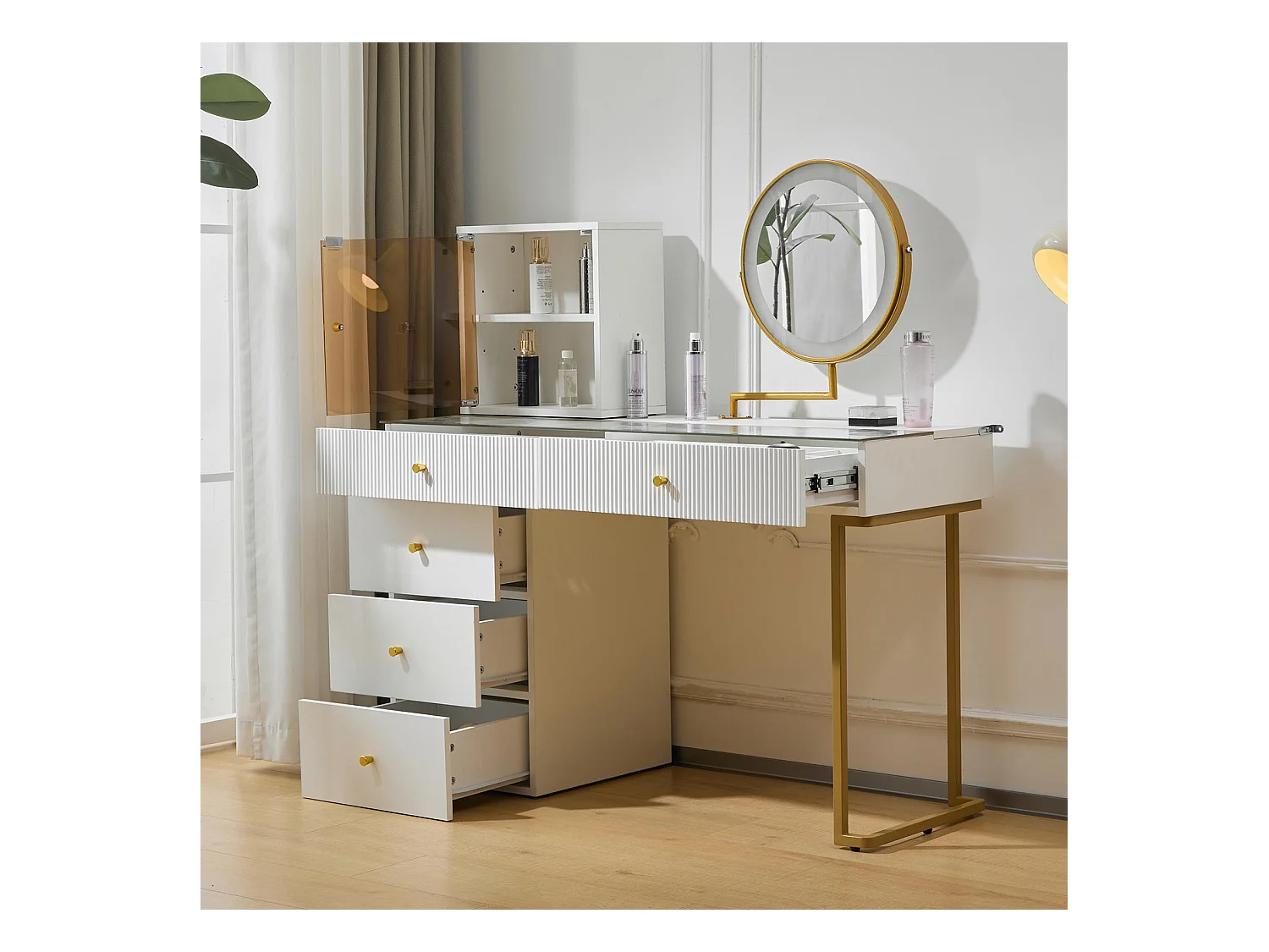 Schminktisch mit Spiegel und LED – 5 Schubladen und Glasdisplay – Weiß (Hocker nicht im Lieferumfang enthalten)