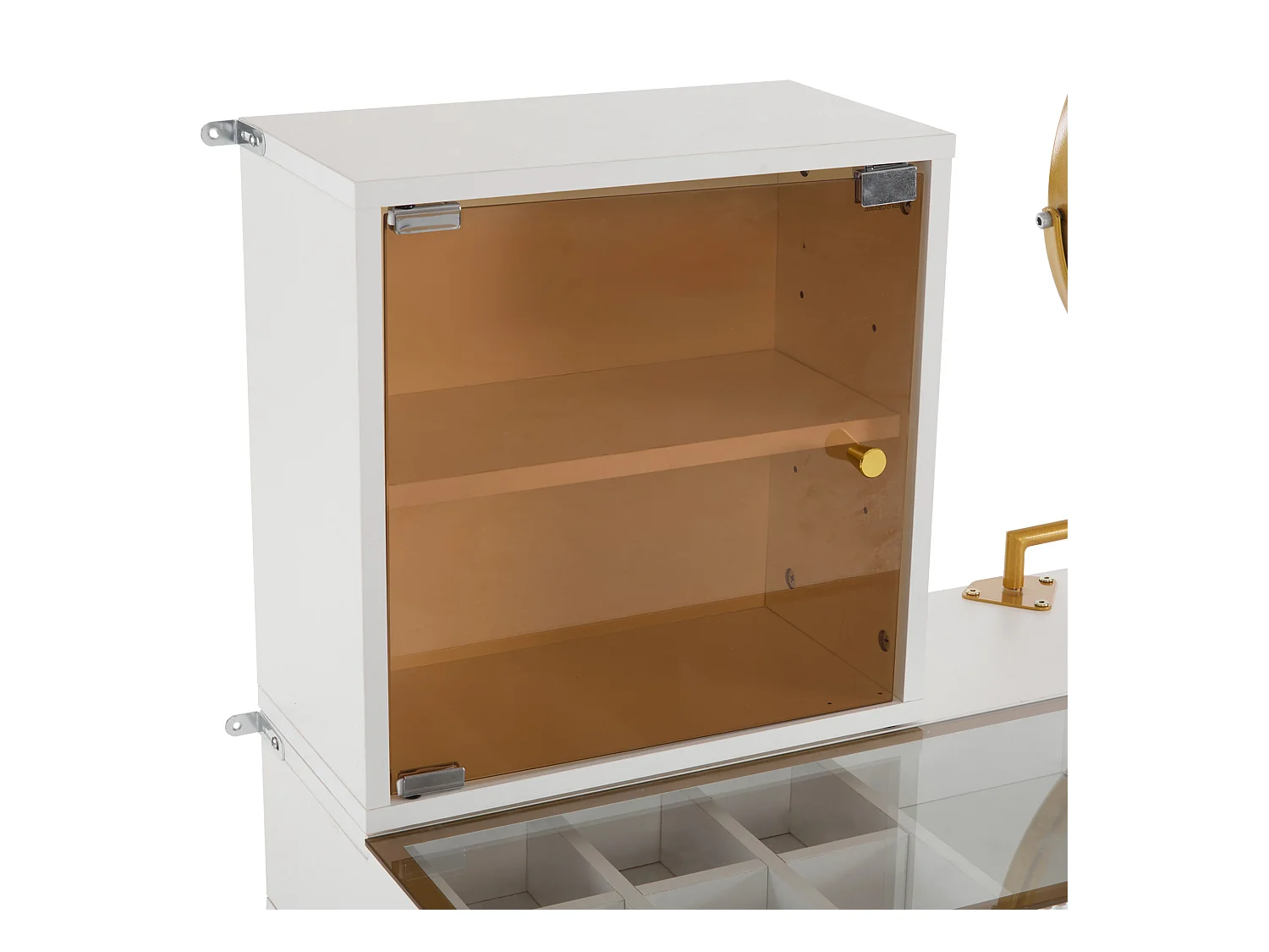 Schminktisch mit Spiegel und LED – 5 Schubladen und Glasdisplay – Weiß (Hocker nicht im Lieferumfang enthalten)