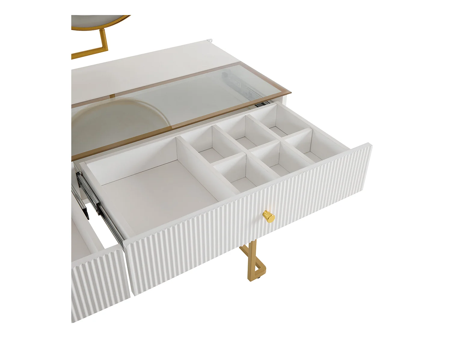 Schminktisch mit Spiegel und LED – 5 Schubladen und Glasdisplay – Weiß (Hocker nicht im Lieferumfang enthalten)