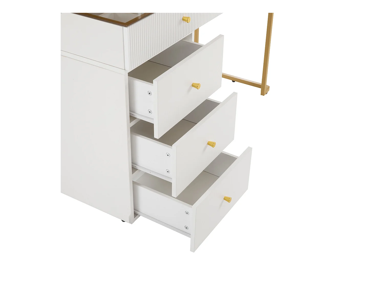 Schminktisch mit Spiegel und LED – 5 Schubladen und Glasdisplay – Weiß (Hocker nicht im Lieferumfang enthalten)