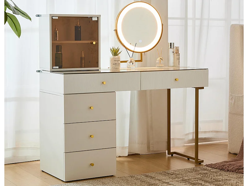 Schminktisch mit Spiegel und LED – 5 Schubladen und Glasdisplay – Weiß (Hocker nicht im Lieferumfang enthalten)