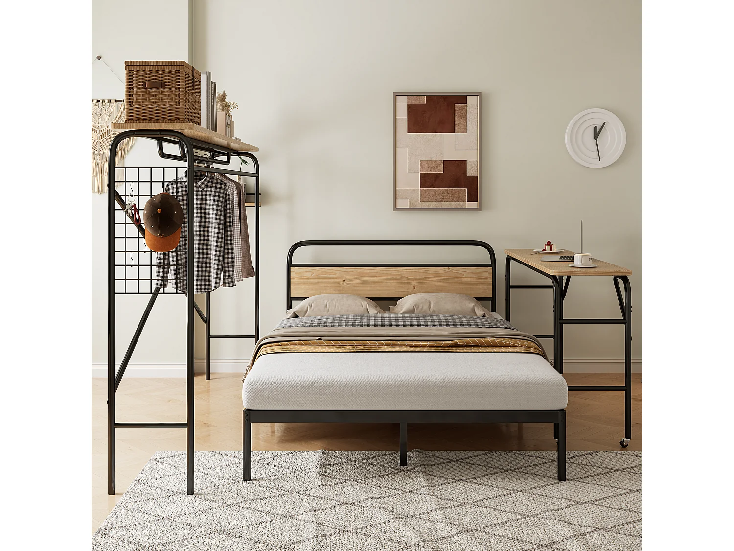 Letto 140x200 cm con tavolo su ruote e appendiabiti - struttura in metallo + MDF - Nero