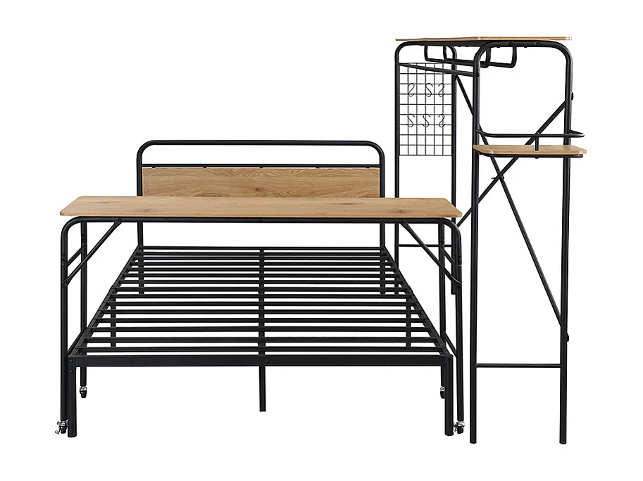 Letto 140x200 cm con tavolo su ruote e appendiabiti - struttura in metallo + MDF - Nero