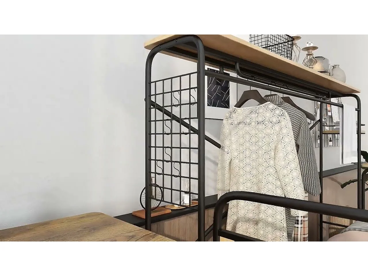 Letto 140x200 cm con tavolo su ruote e appendiabiti - struttura in metallo + MDF - Nero