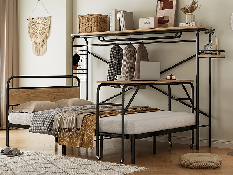 Bed van 140x200cm met tafel op wielen en kapstok - metalen structuur + MDF - Zwart