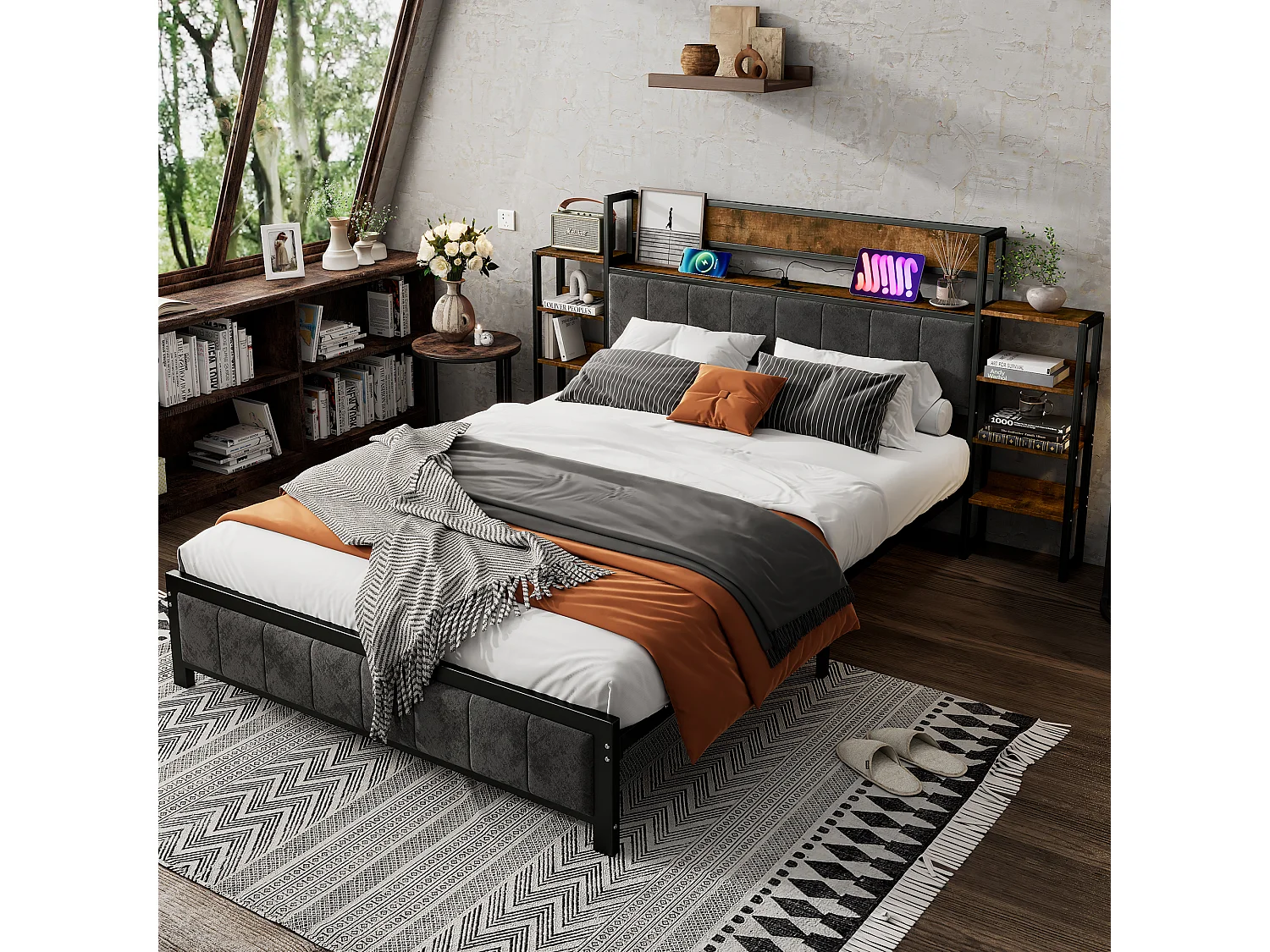 Volwassen bed 140X200cm - fluwelen hoofdeinde met planken en 3 USB-poorten - metalen frame - Zwart