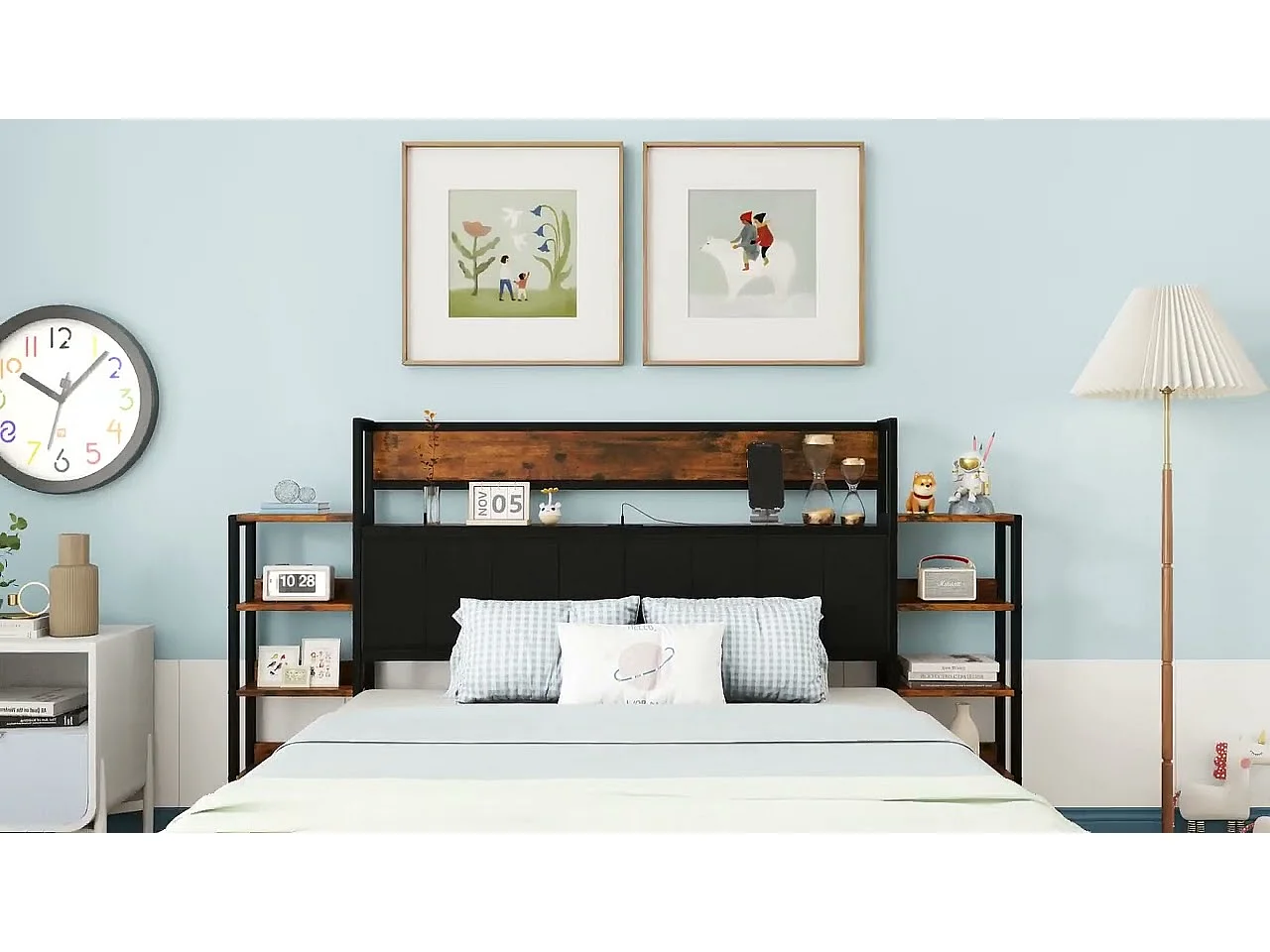 Lit adulte 140X200cm - tête en velours avec étagères et 3 ports USB - cadre en métal - Noir