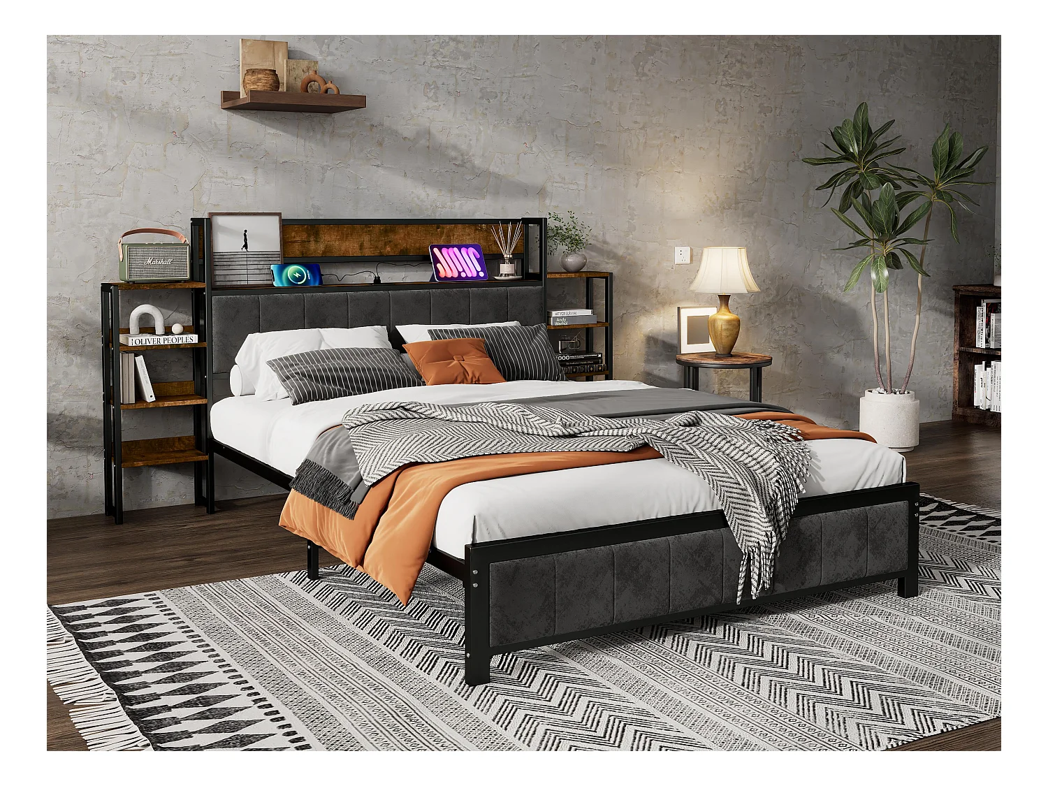 Lit adulte 140X200cm - tête en velours avec étagères et 3 ports USB - cadre en métal - Noir