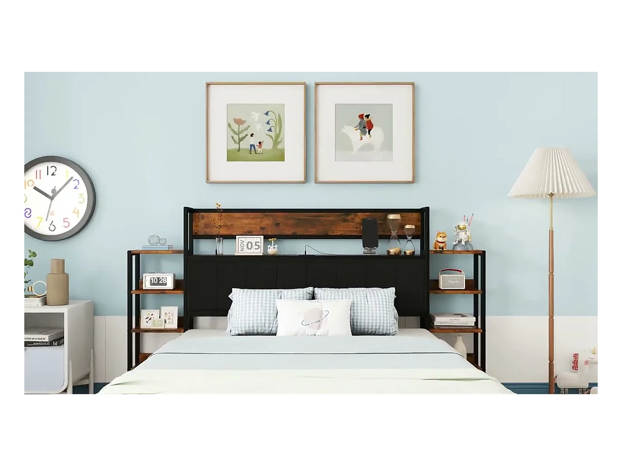 Erwachsenenbett 140 x 200 cm – Samtkopfteil mit Regalen und 3 USB-Anschlüssen – Metallrahmen – Schwarz