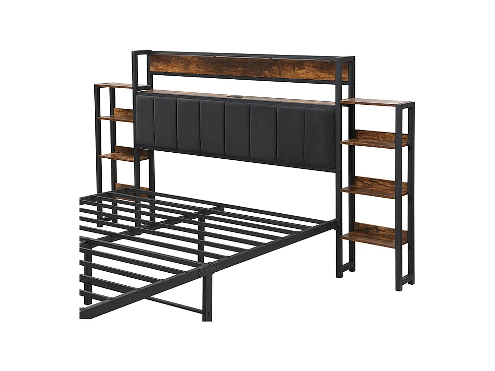 Erwachsenenbett 140 x 200 cm – Samtkopfteil mit Regalen und 3 USB-Anschlüssen – Metallrahmen – Schwarz
