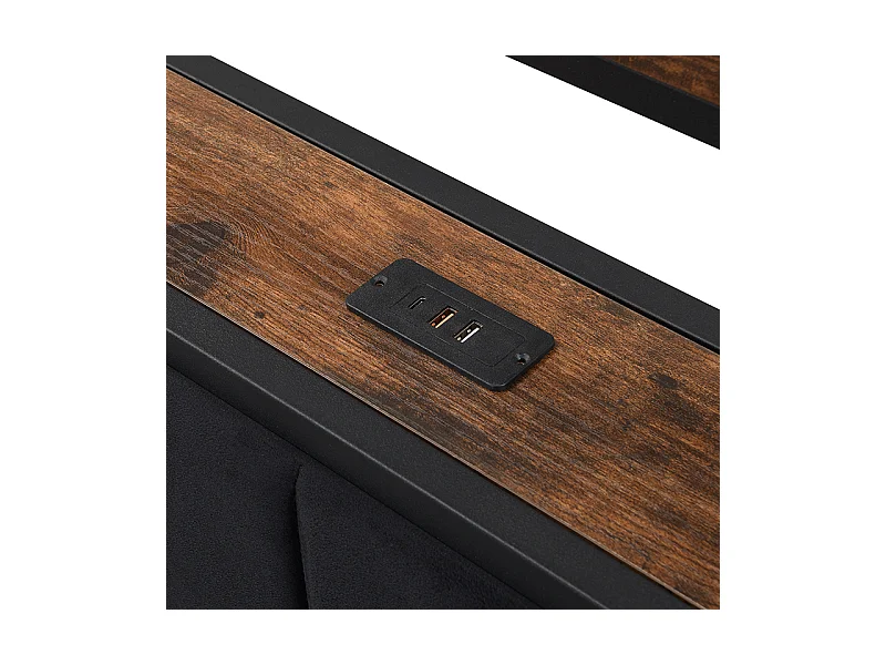 Erwachsenenbett 140 x 200 cm – Samtkopfteil mit Regalen und 3 USB-Anschlüssen – Metallrahmen – Schwarz