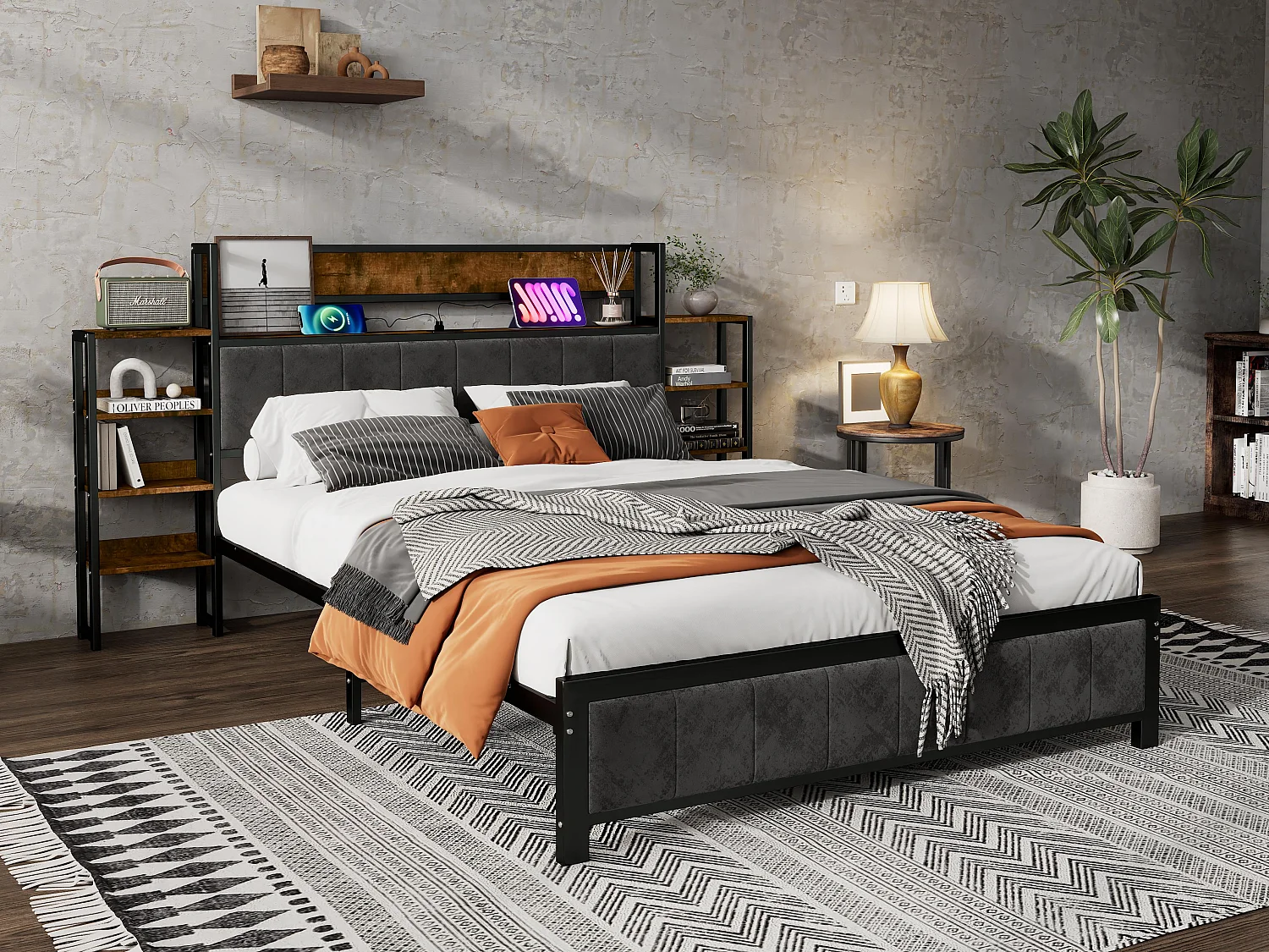 Lit adulte 140X200cm - tête en velours avec étagères et 3 ports USB - cadre en métal - Noir