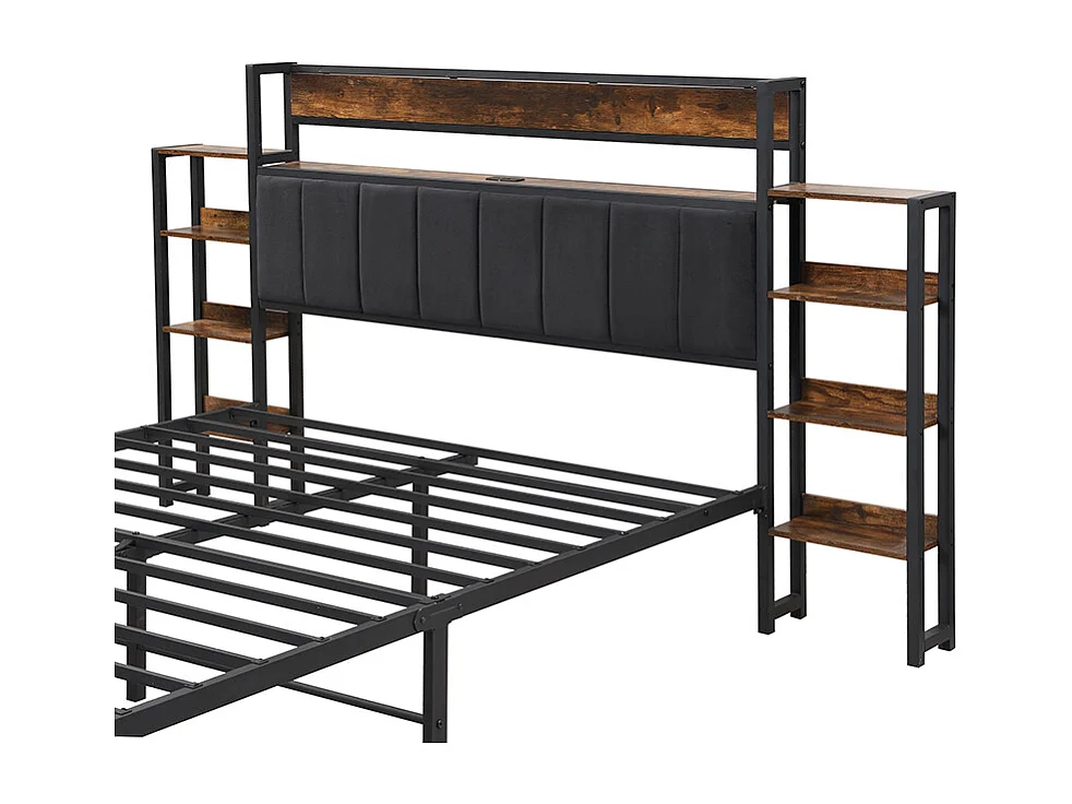 Lit adulte 140X200cm - tête en velours avec étagères et 3 ports USB - cadre en métal - Noir