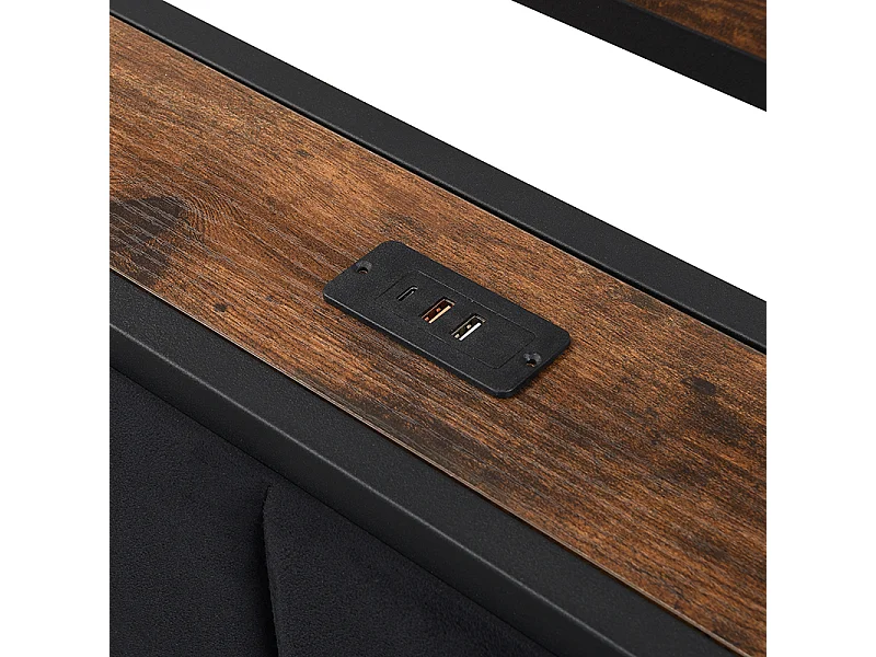Lit adulte 140X200cm - tête en velours avec étagères et 3 ports USB - cadre en métal - Noir