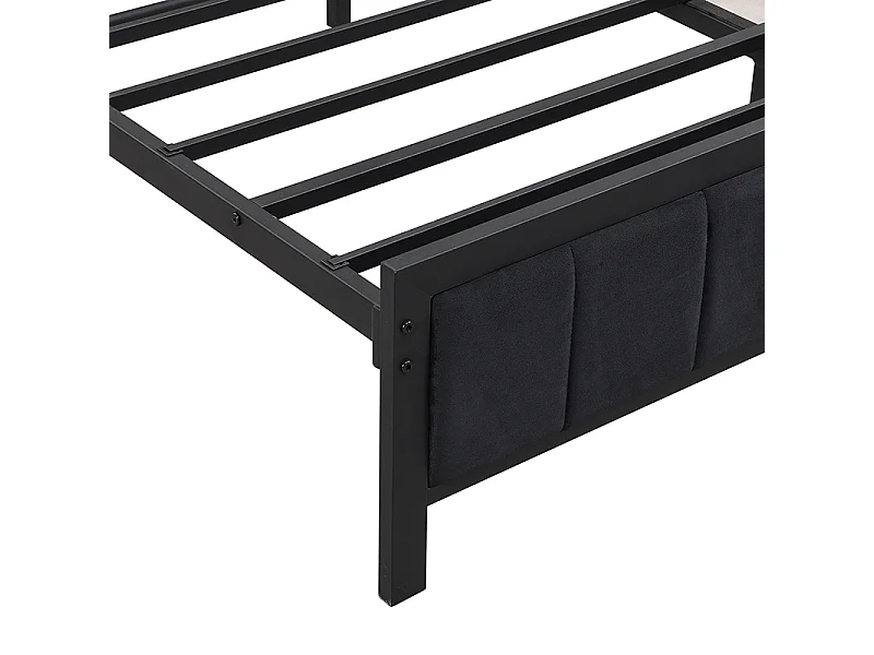 Lit adulte 140X200cm - tête en velours avec étagères et 3 ports USB - cadre en métal - Noir