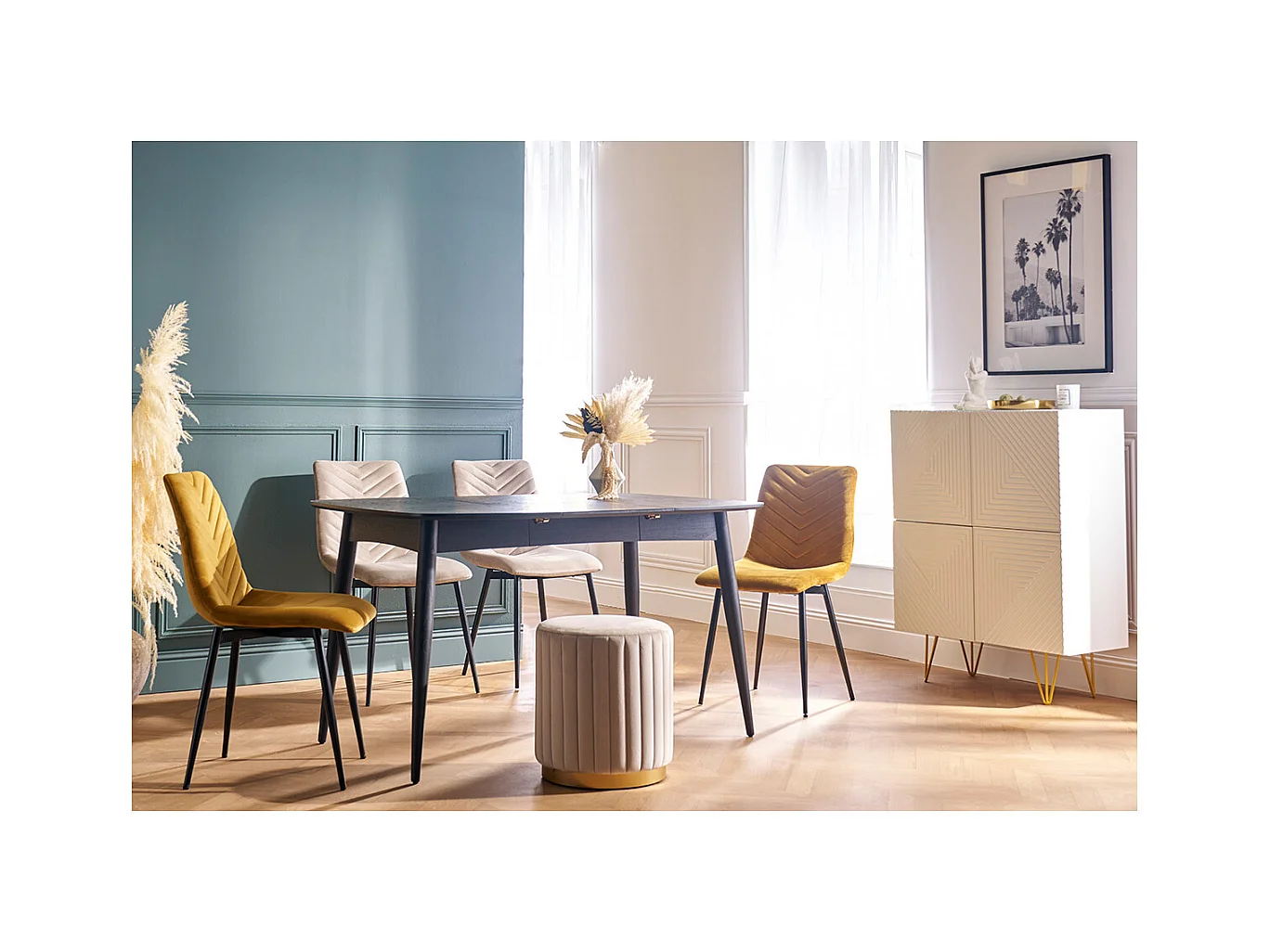 Puf redondo de terciopelo topo y metal dorado D40 cm DONA