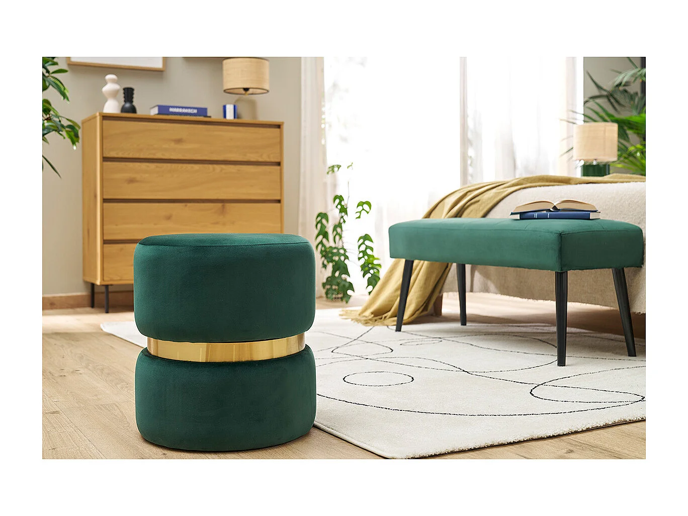 Pouf rond en velours vert foncé et métal doré D40 cm JOY