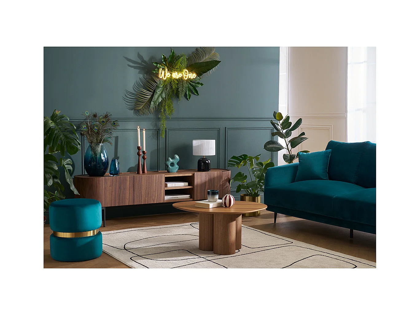 Runder Samtpouf in Petrolblau und Goldmetall D40 cm JOY