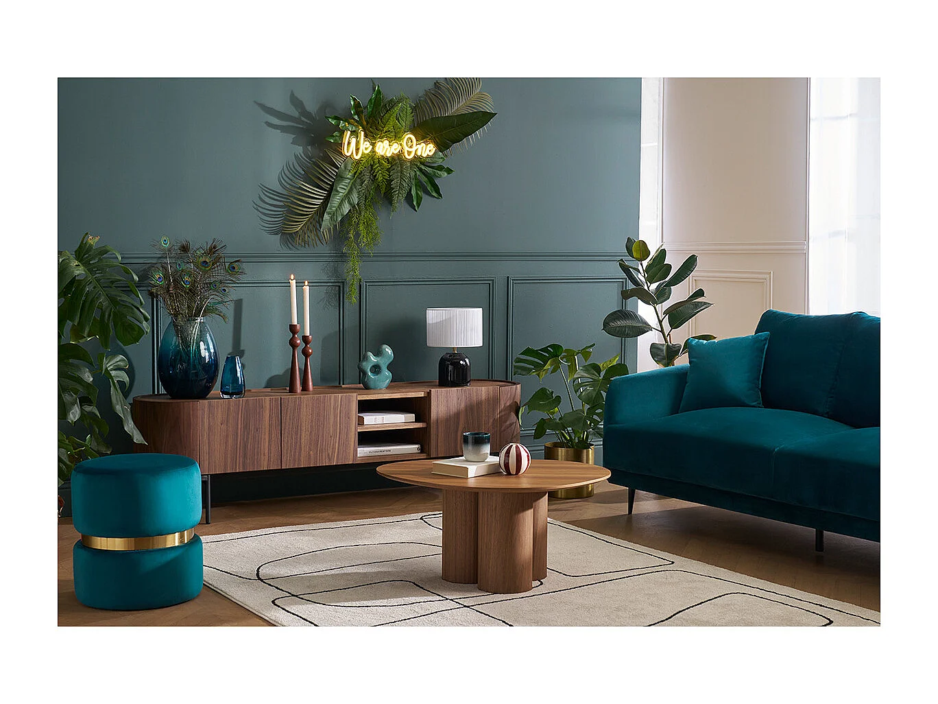 Runder Samtpouf in Petrolblau und Goldmetall D40 cm JOY