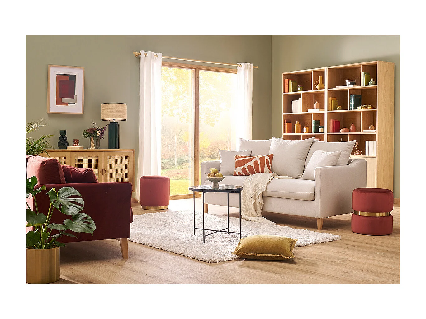 Puf redondo de terciopelo azul tomette y metal dorado D40 cm JOY