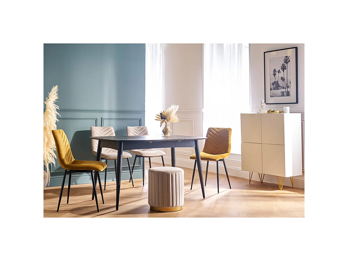 Pouf rotondo in velluto blu petrolio e metallo dorato D40 cm DONA
